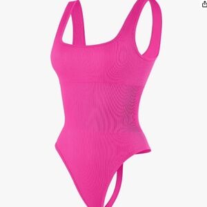 Thong Bodysuits for Women Sexy Ribbed Seamless Tummy Control Shape Pink Sz. S